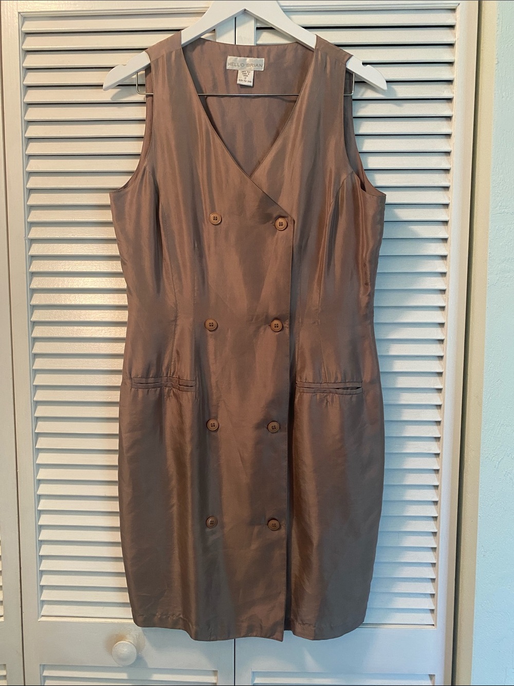 Hello Brian Size 11 100% Silk Taupe Sleeveless Double-Breasted Midi Dress